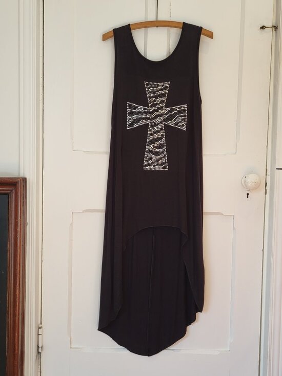 Twik Vintage Black High Low Dress Rhinestone Cross Sleeveless Whimsygoth - Picture 11 of 14